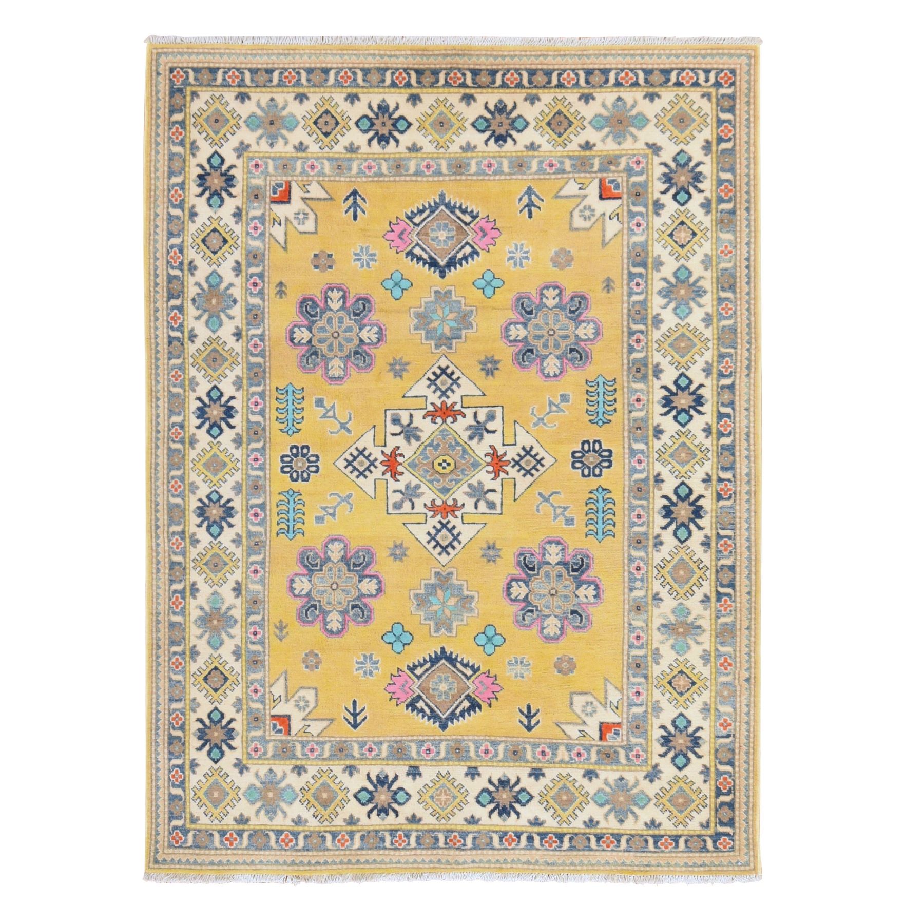 Mustard Yellow, Colorful Fusion Kazak with Geometric Design, Hand Knotted, Pure Wool, Oriental Rug